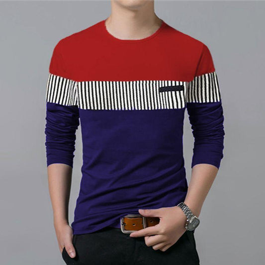 Cotton Color Block Full Sleeve Men's T-Shirt - Regular Fit Round Neck Casual Wear
